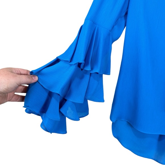 Prabal Gurung Blue Sheer Chiffon Tie Neck Bell Sleeve Blouse Size 4 - Picture 2 of 6